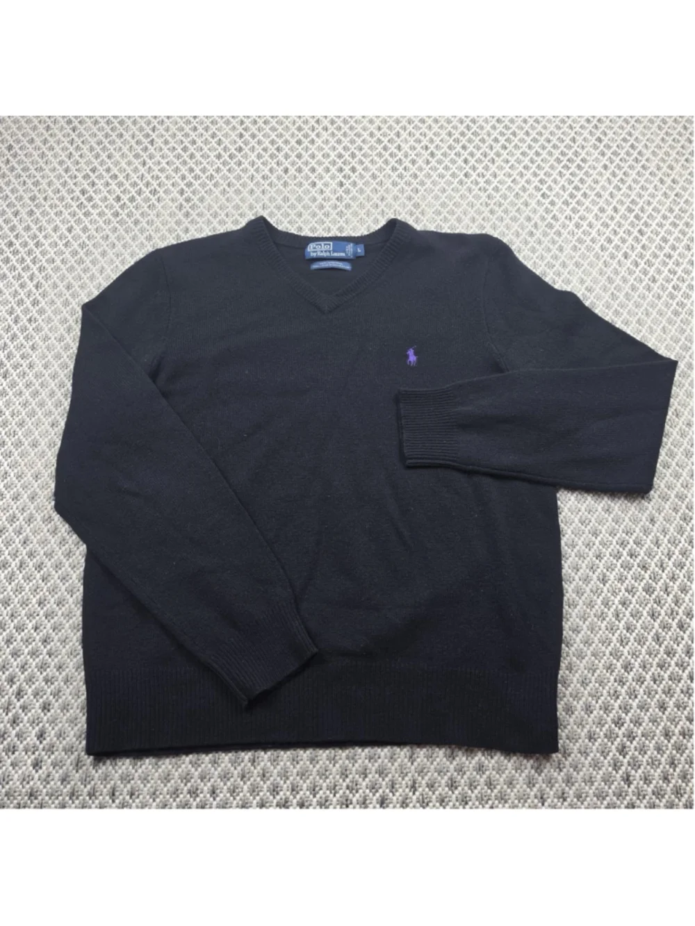 Polo Ralph Lauren Lambswool V Neck Sweater Mens Large Black Purple Pony